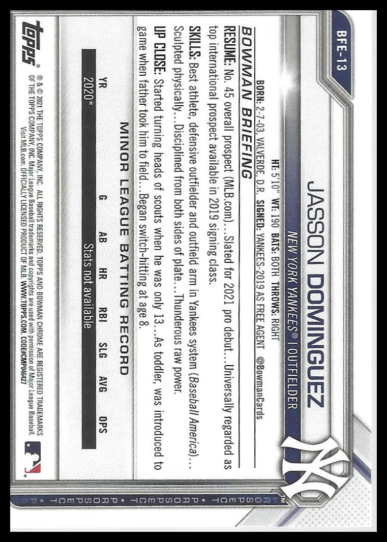 2021 Bowman 1st Edition #BFE-13 Jasson Dominguez Sky Blue