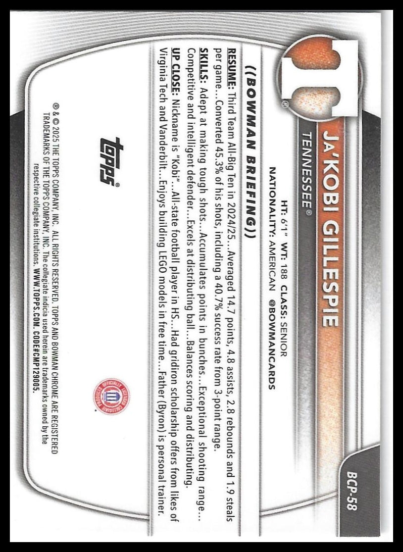 2025-26 Bowman #BCP-58 Ja'Kobi Gillespie Chrome Prospects