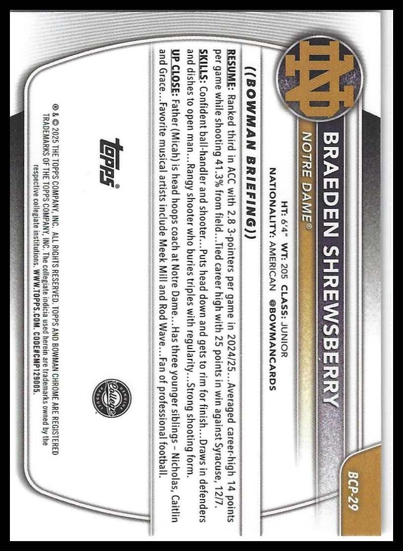 2025-26 Bowman #BCP-29 Braeden Shrewsberry Chrome Prospects