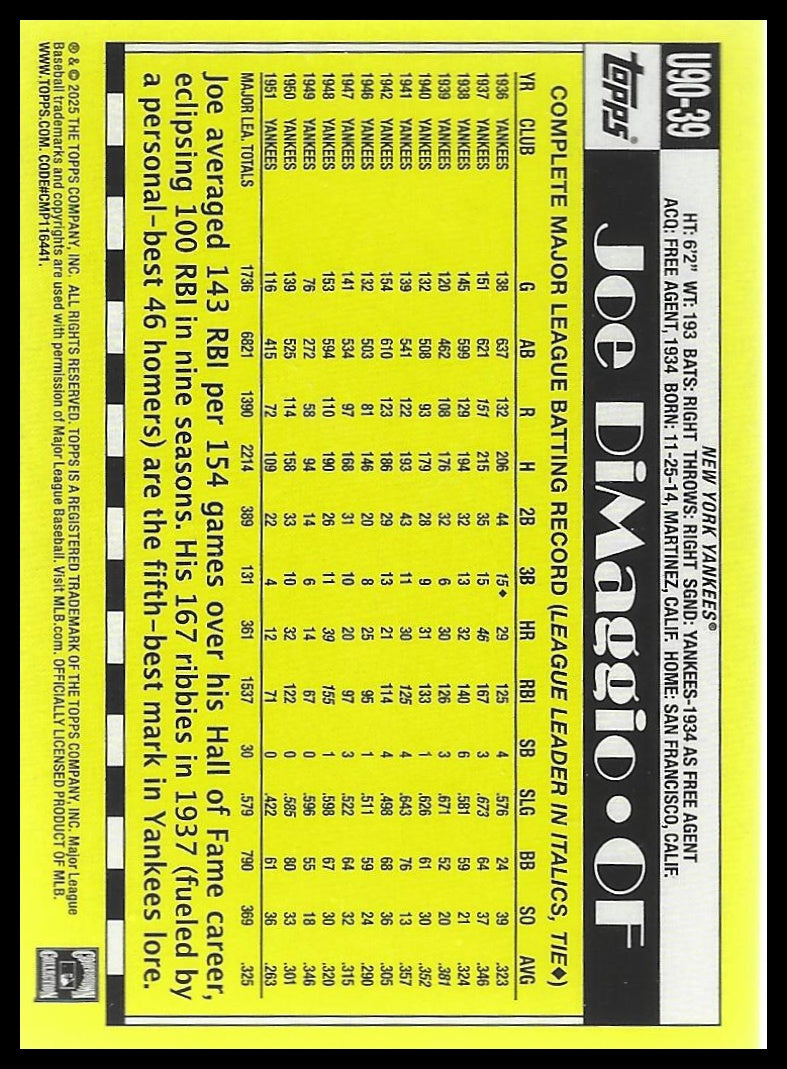 2025 Topps Update #U90-39 Joe DiMaggio 1990 Topps Baseball Holofoil