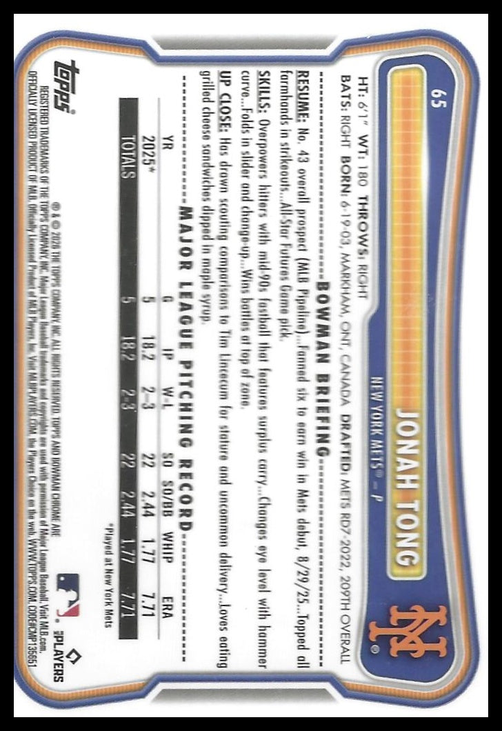 2026 Bowman #65 Jonah Tong Chrome Mojo Refractors