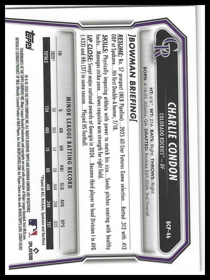2026 Bowman #BCP-46 Charlie Condon Chrome Prospects