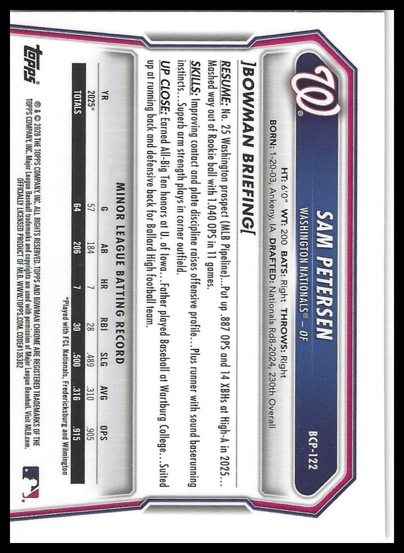 2026 Bowman #BCP-122 Sam Petersen Chrome Prospects Lazer Refractor