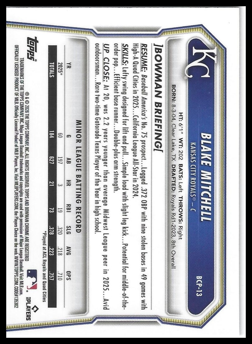 2026 Bowman #BCP-13 Blake Mitchell Chrome Prospects Lazer Refractor