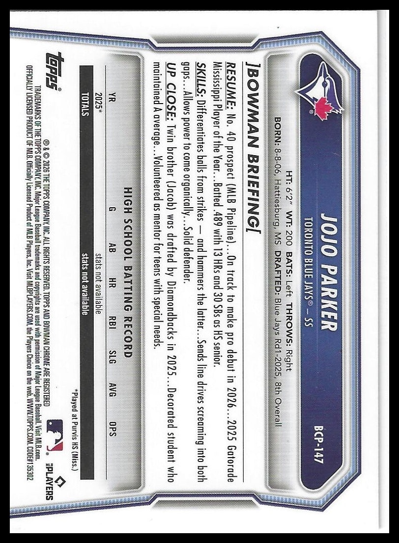 2026 Bowman #BCP-147 JoJo Parker Chrome Prospects