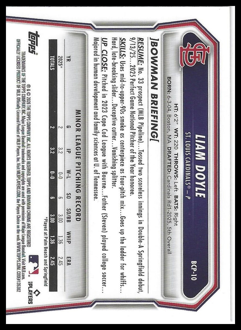 2026 Bowman #BCP-10 Liam Doyle Chrome Prospects
