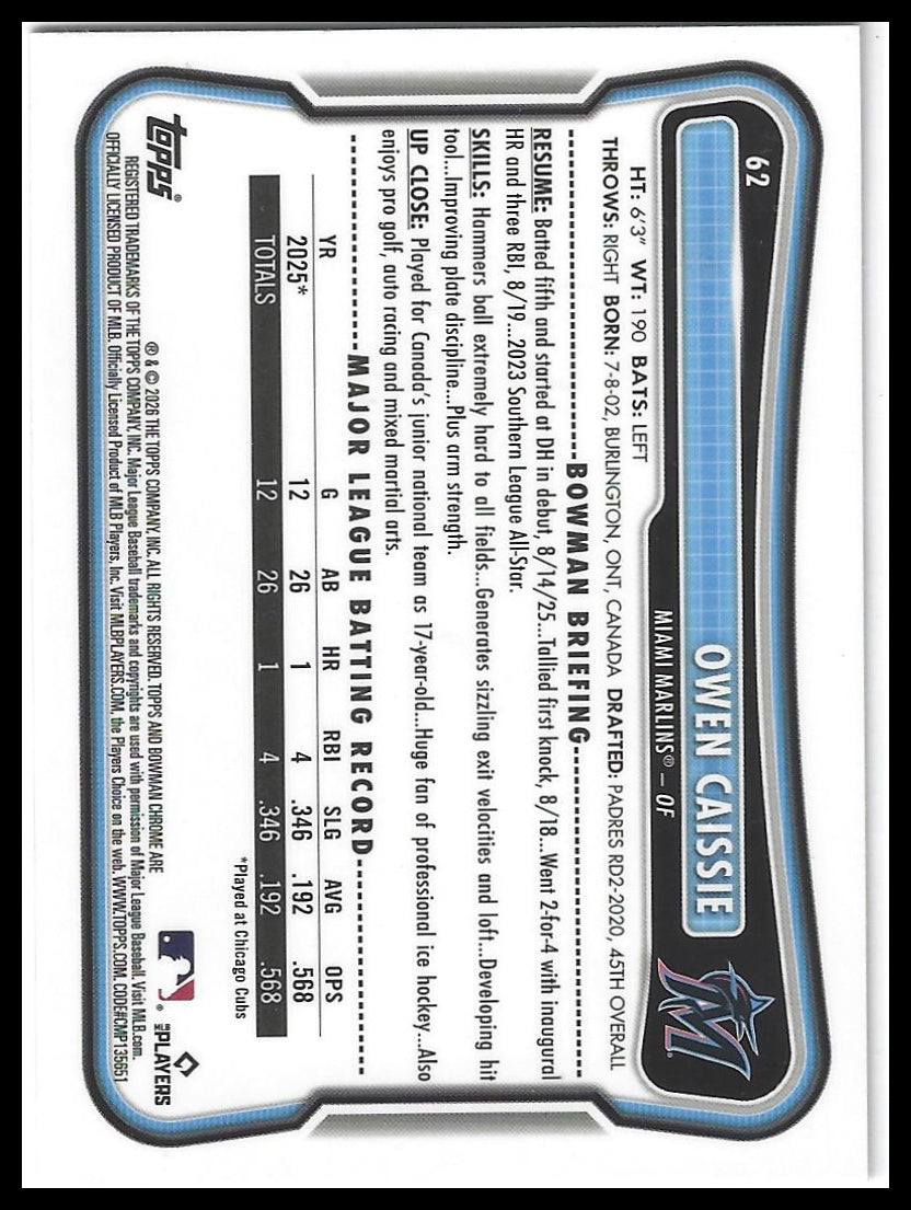 2026 Bowman #62 Owen Caissie Chrome Mojo Refractors