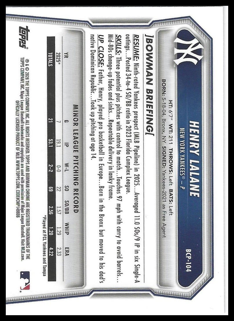 2026 Bowman #BCP-104 Henry Lalane Chrome Prospects Mojo Refractor