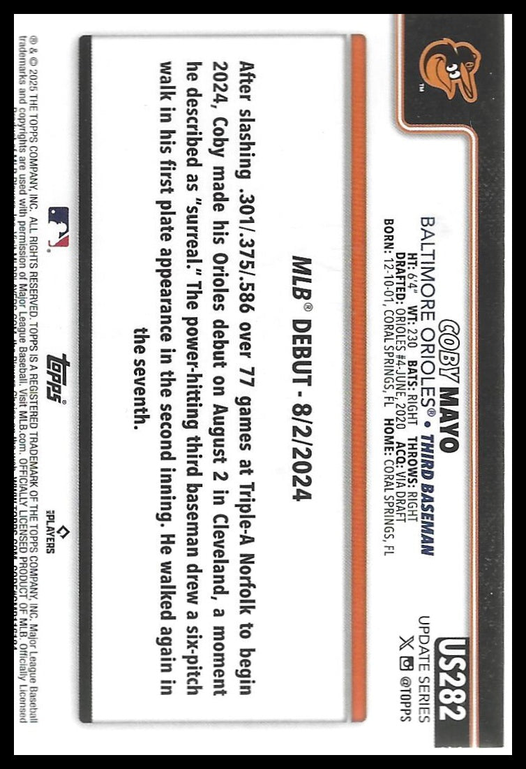 2025 Topps Update #US282 Coby Mayo Rainbow Foil