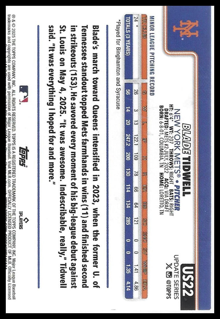2025 Topps Update #US22 Blade Tidwell Rainbow Foil