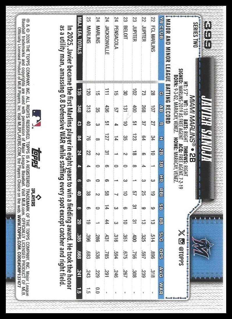 2026 Topps #399 Javier Sanoja Diamante Foil