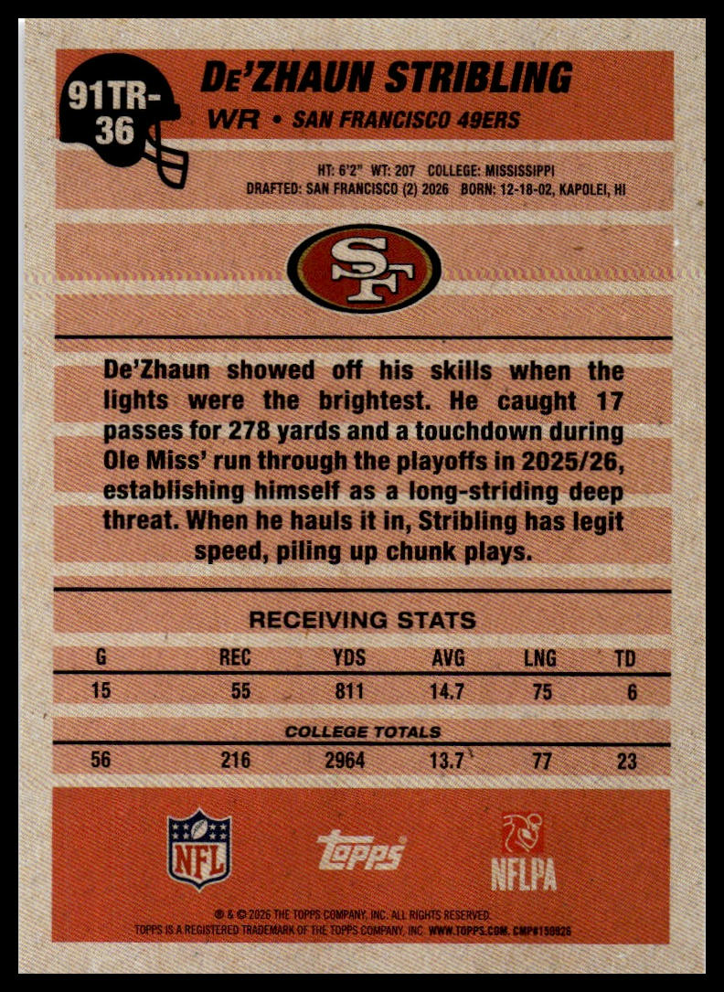 2026 Topps Flagship #91TR-36 De'Zhaun Stribling 1991 Topps Football Rookies