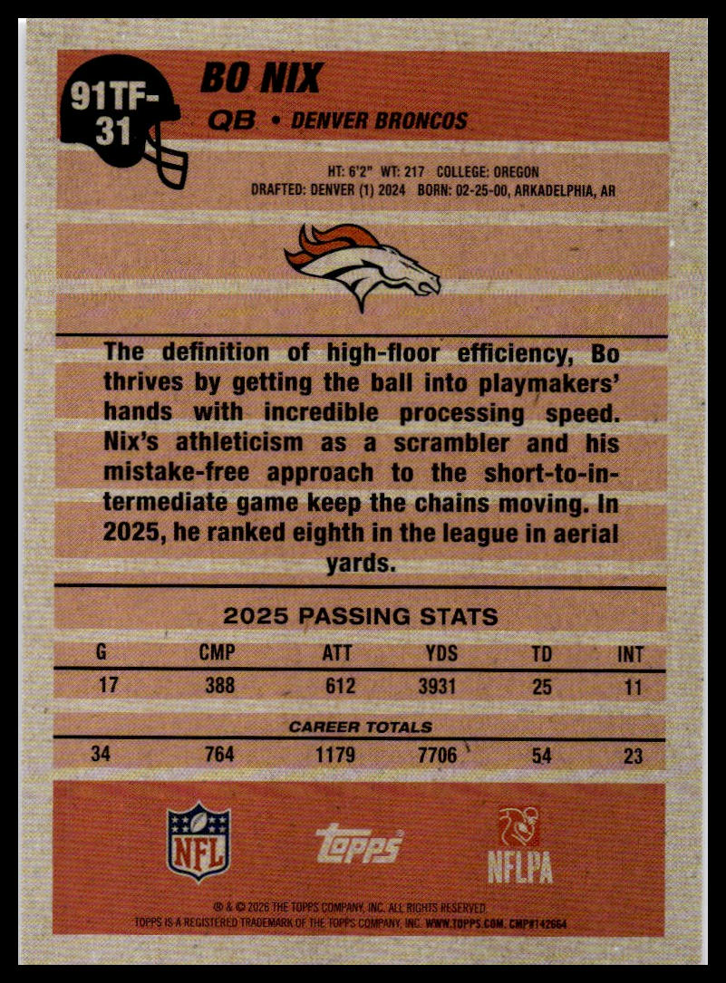 2026 Topps Flagship #91TF-31 Bo Nix 1991 Topps Football