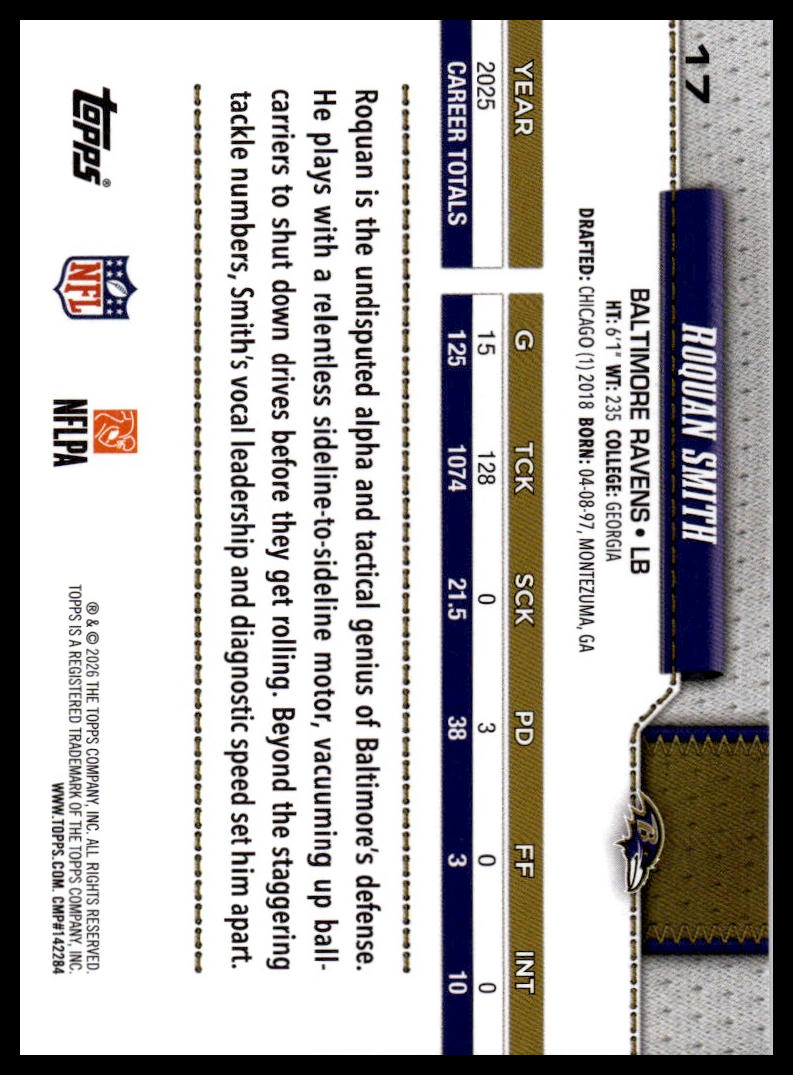 2026 Topps Flagship #17 Roquan Smith Diamante Foil