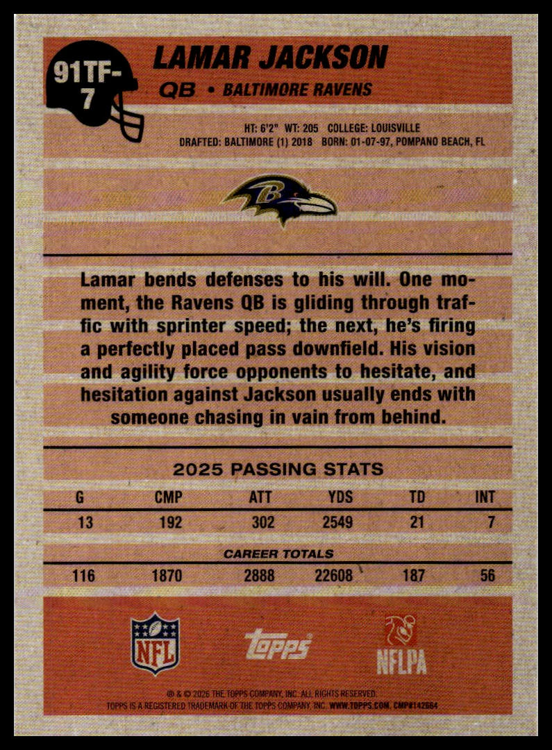 2026 Topps Flagship #91TF-7 Lamar Jackson 1991 Topps Football