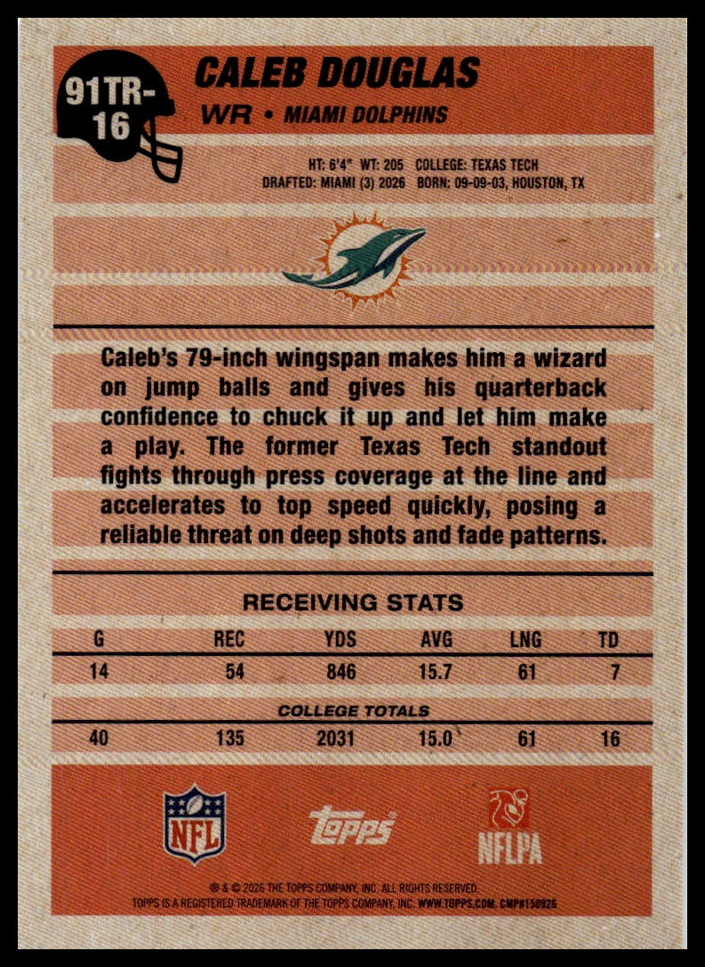 2026 Topps Flagship #91TR-16 Caleb Douglas 1991 Topps Football Rookies