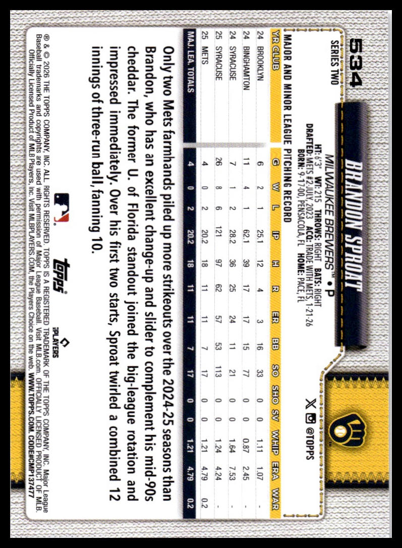 2026 Topps #534 Brandon Sproat Holo Foil