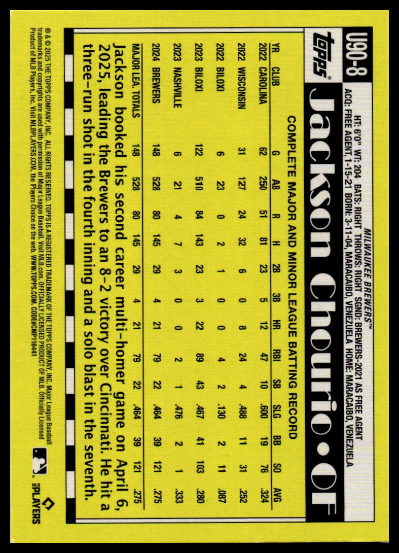 2025 Topps Update #U90-8 Jackson Chourio 1990 Topps Baseball 35th Anniversary