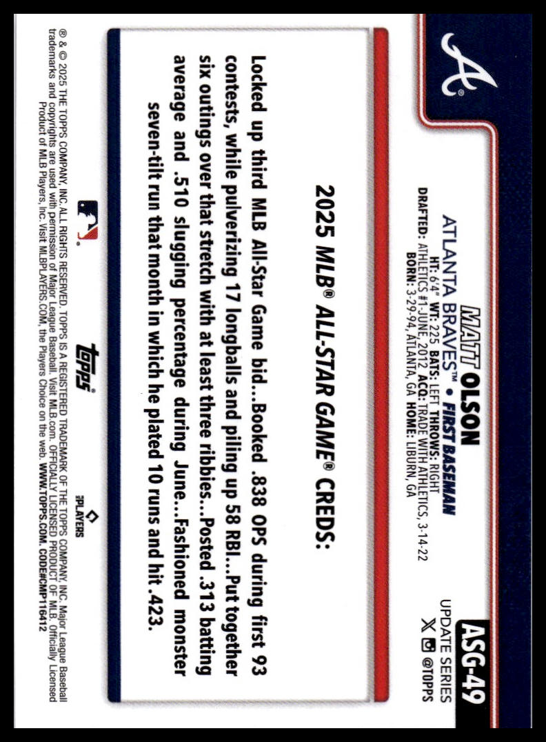 2025 Topps Update #ASG-49 Matt Olson 2025 All-Star Game