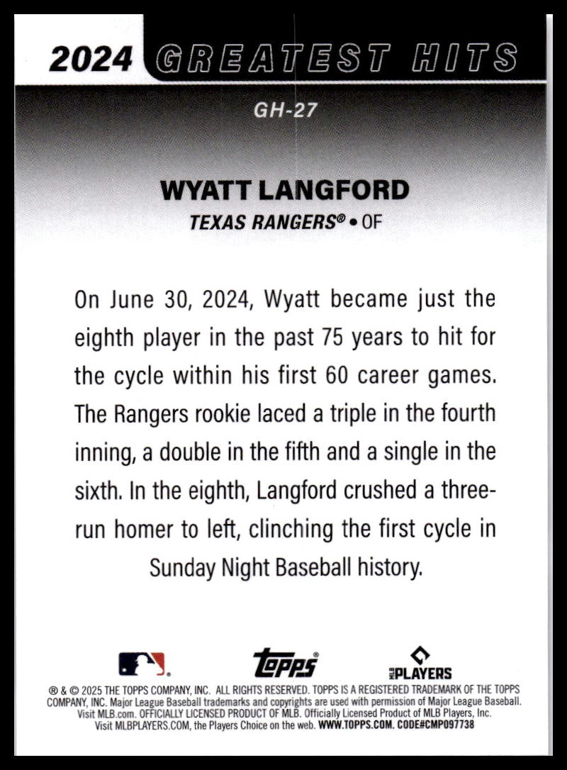 2025 Topps #GH-27 Wyatt Langford 2024 Greatest Hits