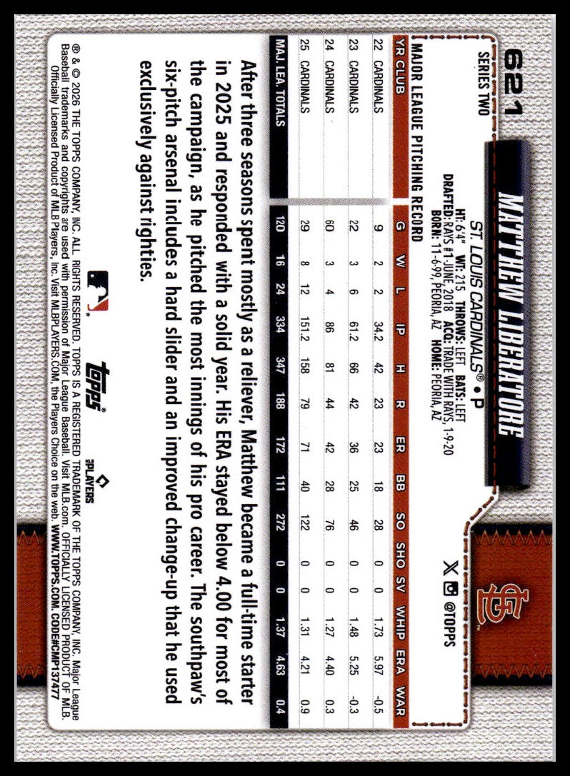 2026 Topps #621 Matthew Liberatore Rainbow Foil