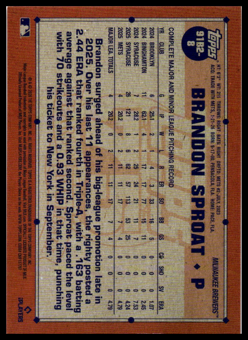 2026 Topps #91B2-8 Brandon Sproat 1991 Crackle Foil (Series Two)
