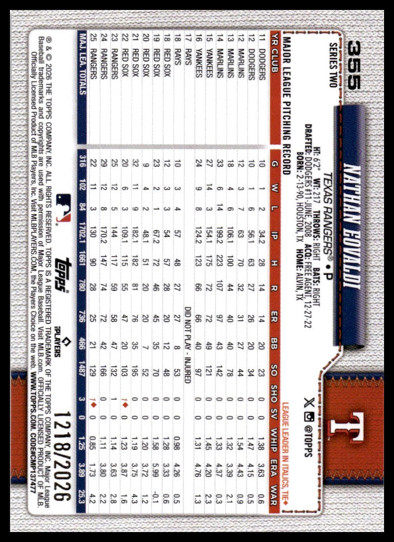 2026 Topps #355 Nathan Eovaldi Gold #/2026