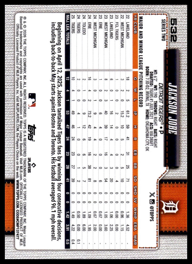 2026 Topps #532 Jackson Jobe Holo Foil