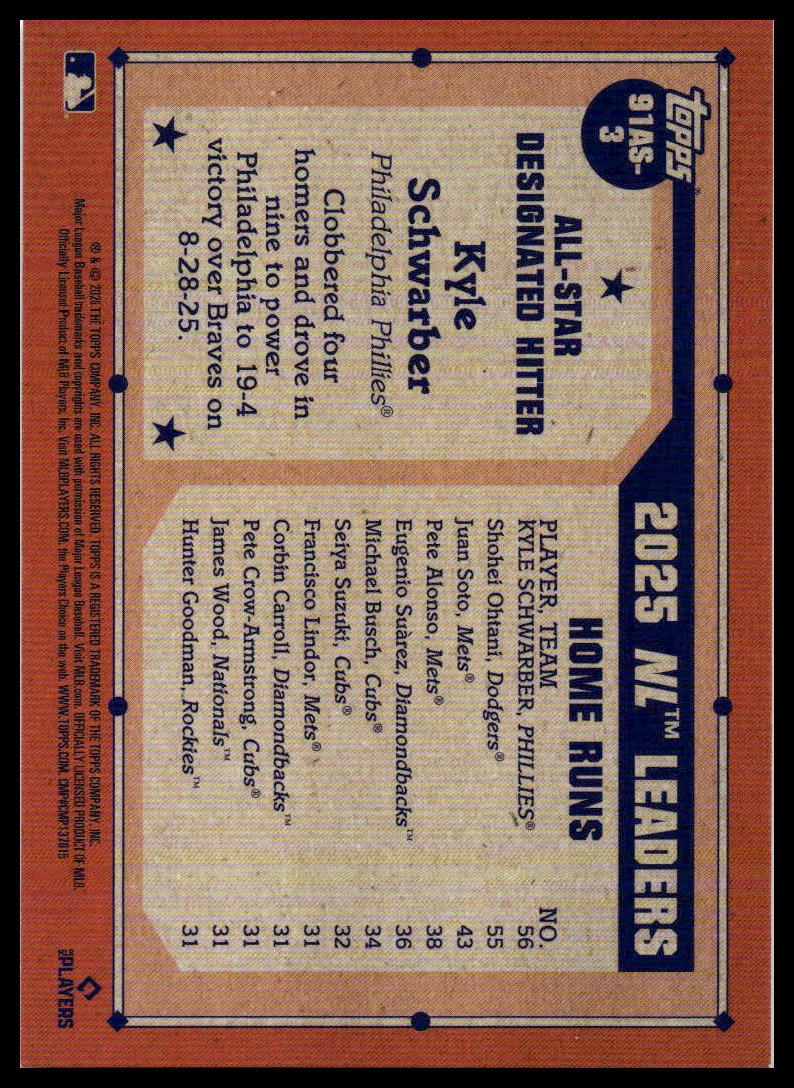 2026 Topps #91AS-3 Kyle Schwarber 1991 Topps Baseball 35th Anniversary All-Stars