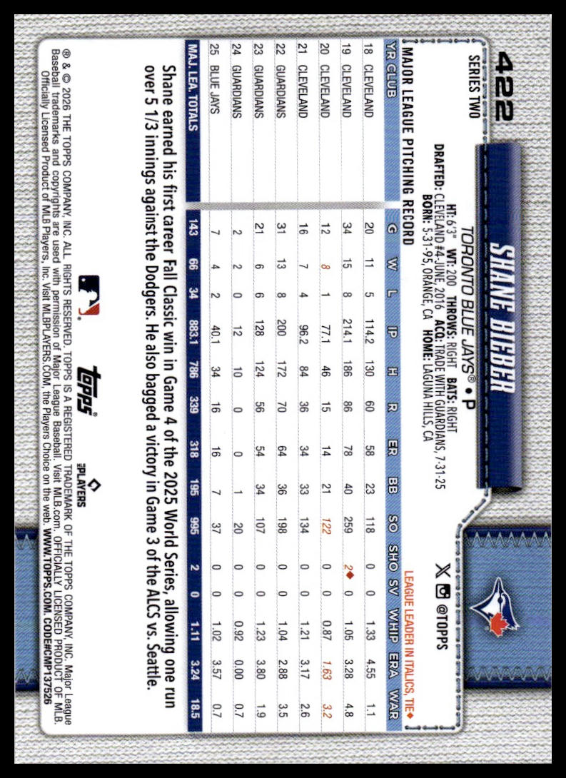 2026 Topps #422 Shane Bieber Holiday