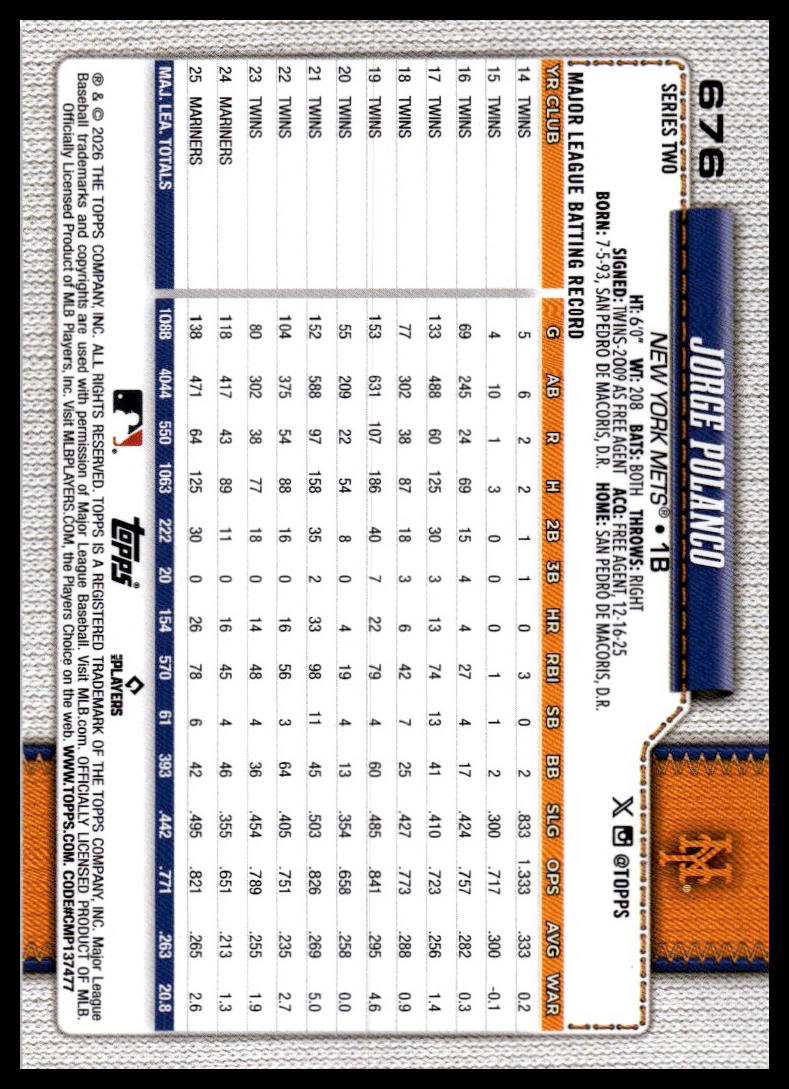 2026 Topps #676 Jorge Polanco Rainbow Foil