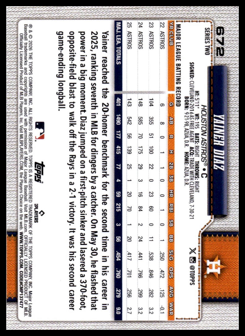 2026 Topps #672 Yainer Diaz Rainbow Foil