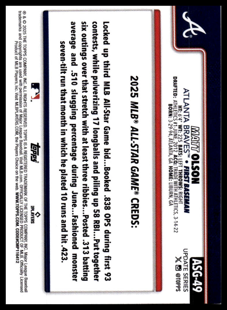 2025 Topps Update #ASG-49 Matt Olson 2025 All-Star Game