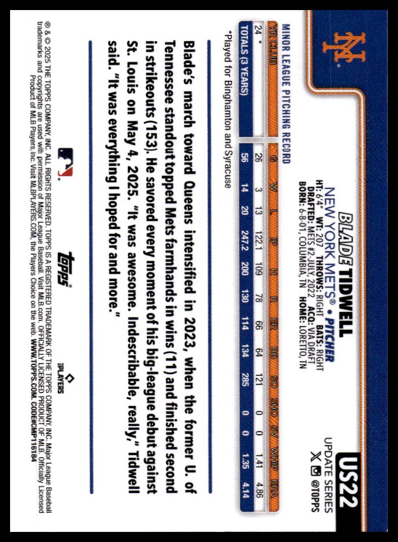 2025 Topps Update #US22 Blade Tidwell Rainbow Foil