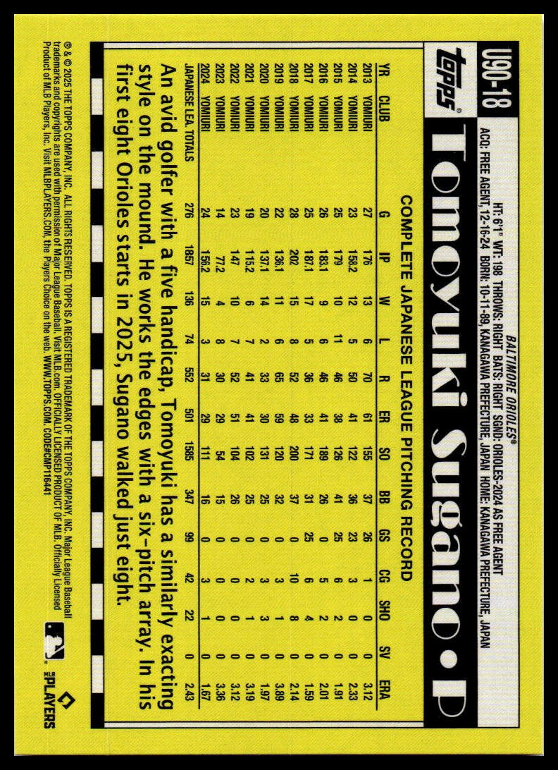 2025 Topps Update #U90-18 Tomoyuki Sugano 1990 Topps Baseball 35th Anniversary
