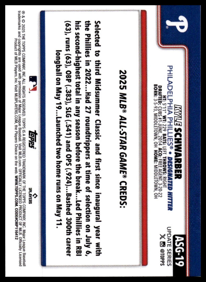 2025 Topps Update #ASG-19 Kyle Schwarber 2025 All-Star Game