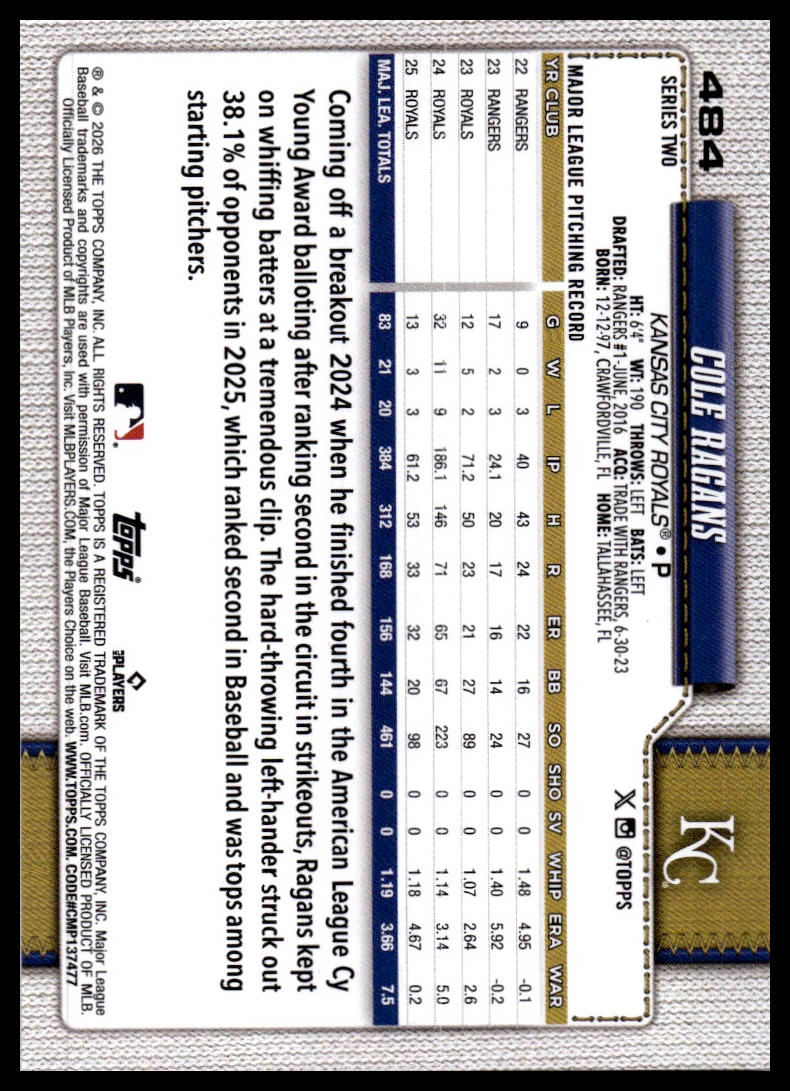 2026 Topps #484 Cole Ragans Rainbow Foil