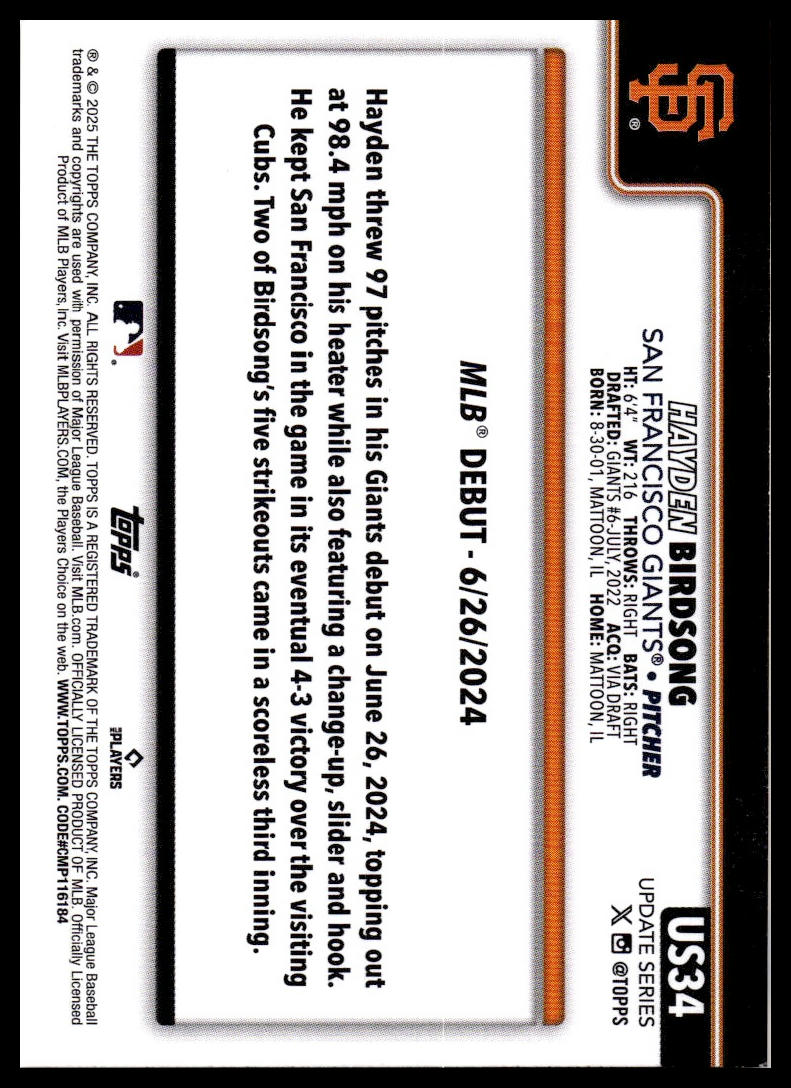 2025 Topps Update #US34 Hayden Birdsong Yellow