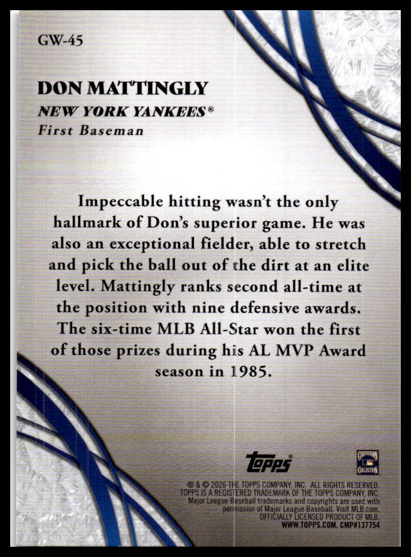 2026 Topps #GW-45 Don Mattingly Glove Work