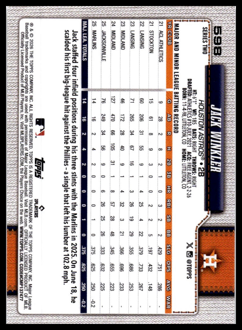 2026 Topps #598 Jack Winkler Diamante Foil