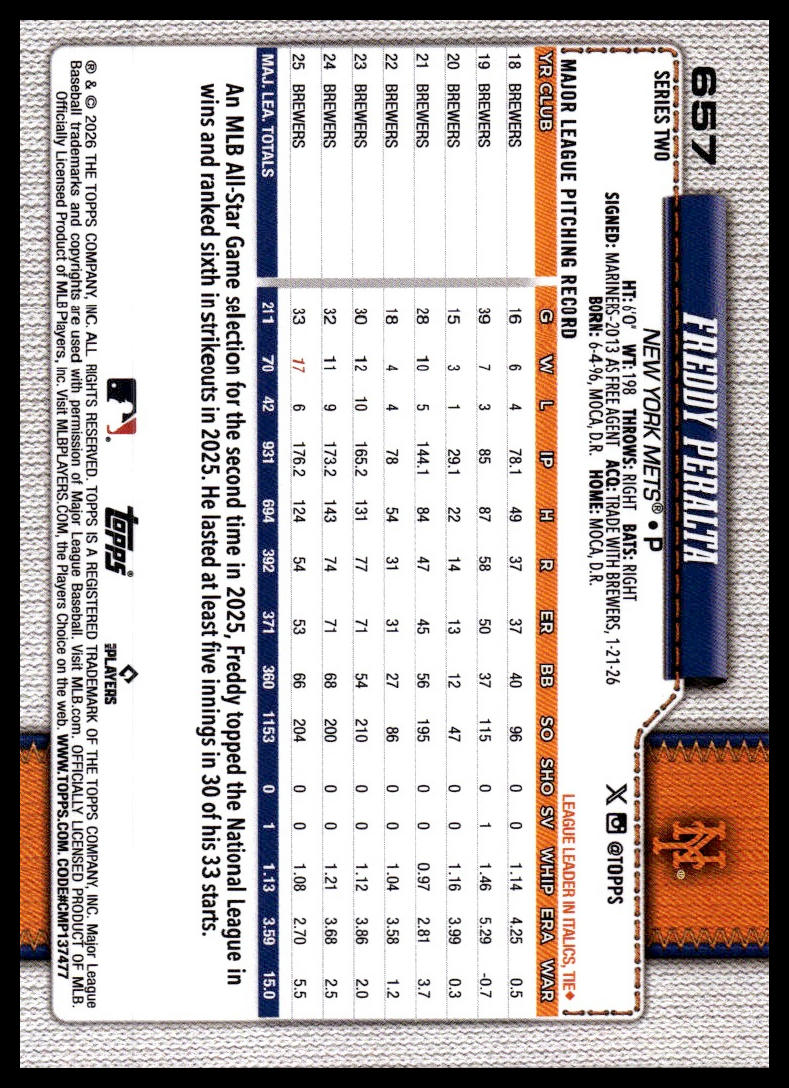 2026 Topps #657 Freddy Peralta Rainbow Foil