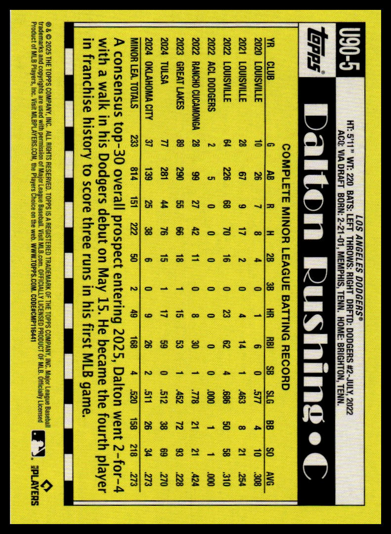 2025 Topps Update #U90-5 Dalton Rushing 1990 Topps Baseball 35th Anniversary