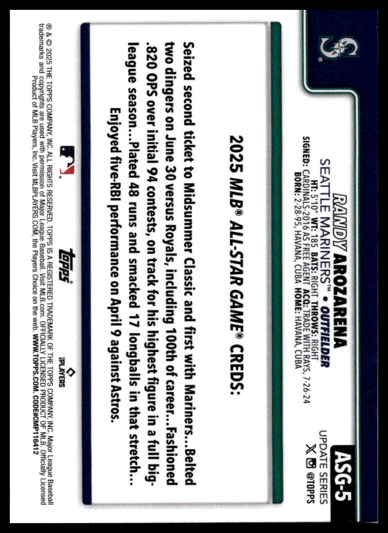 2025 Topps Update #ASG-5 Randy Arozarena 2025 All-Star Game
