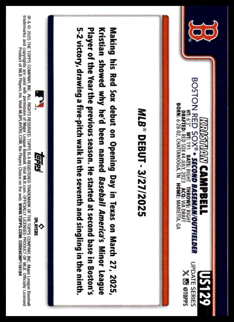 2025 Topps Update #US129 Kristian Campbell Yellow
