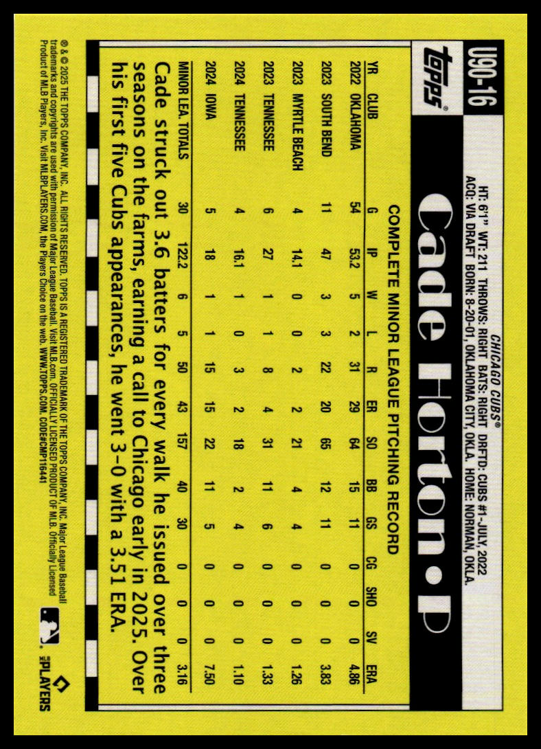 2025 Topps Update #U90-16 Cade Horton 1990 Topps Baseball 35th Anniversary