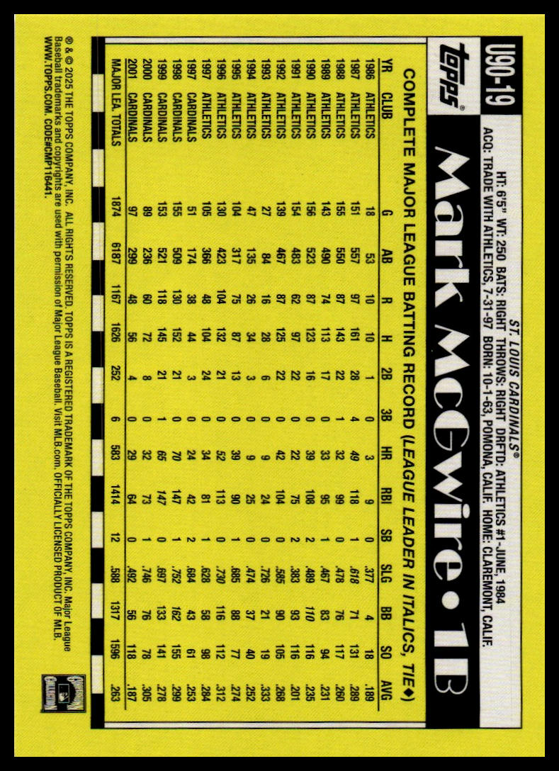 2025 Topps Update #U90-19 Mark McGwire 1990 Topps Baseball 35th Anniversary