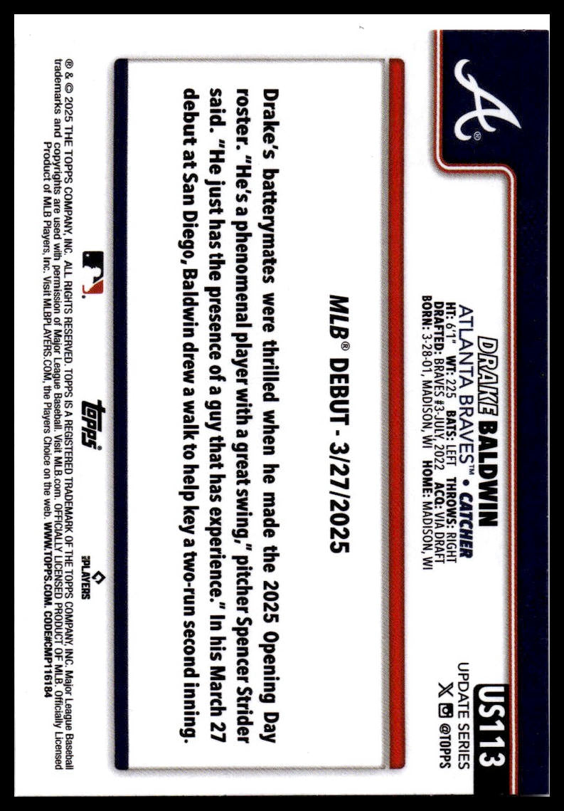 2025 Topps Update #US113 Drake Baldwin Holo Foil