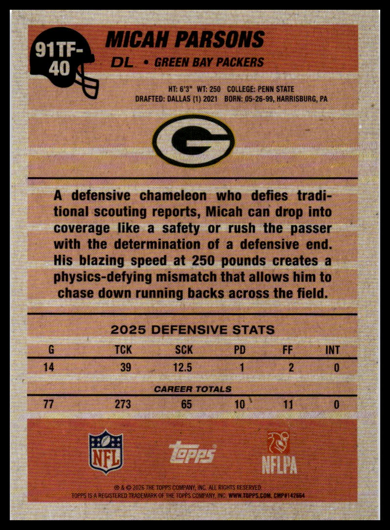 2026 Topps Flagship #91TF-40 Micah Parsons 1991 Topps Football