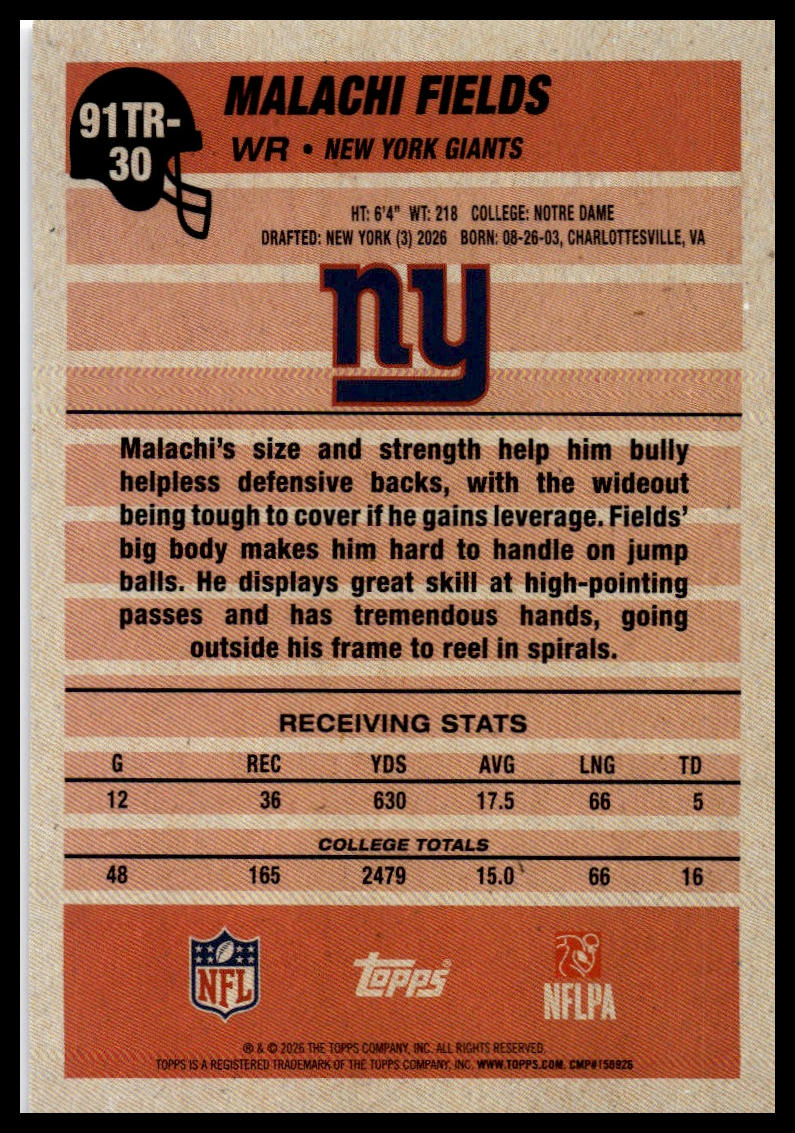 2026 Topps Flagship #91TR-30 Malachi Fields 1991 Topps Football Rookies