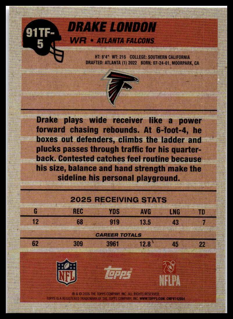 2026 Topps Flagship #91TF-5 Drake London 1991 Topps Football Crackle
